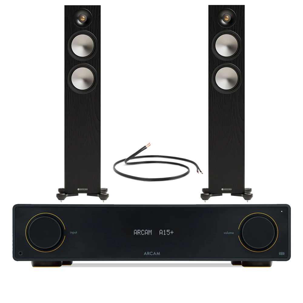 Arcam A15+ Integrated Amplifier with Monitor Audio Bronze 300 7G Floorstanding Speakers Pair - Black