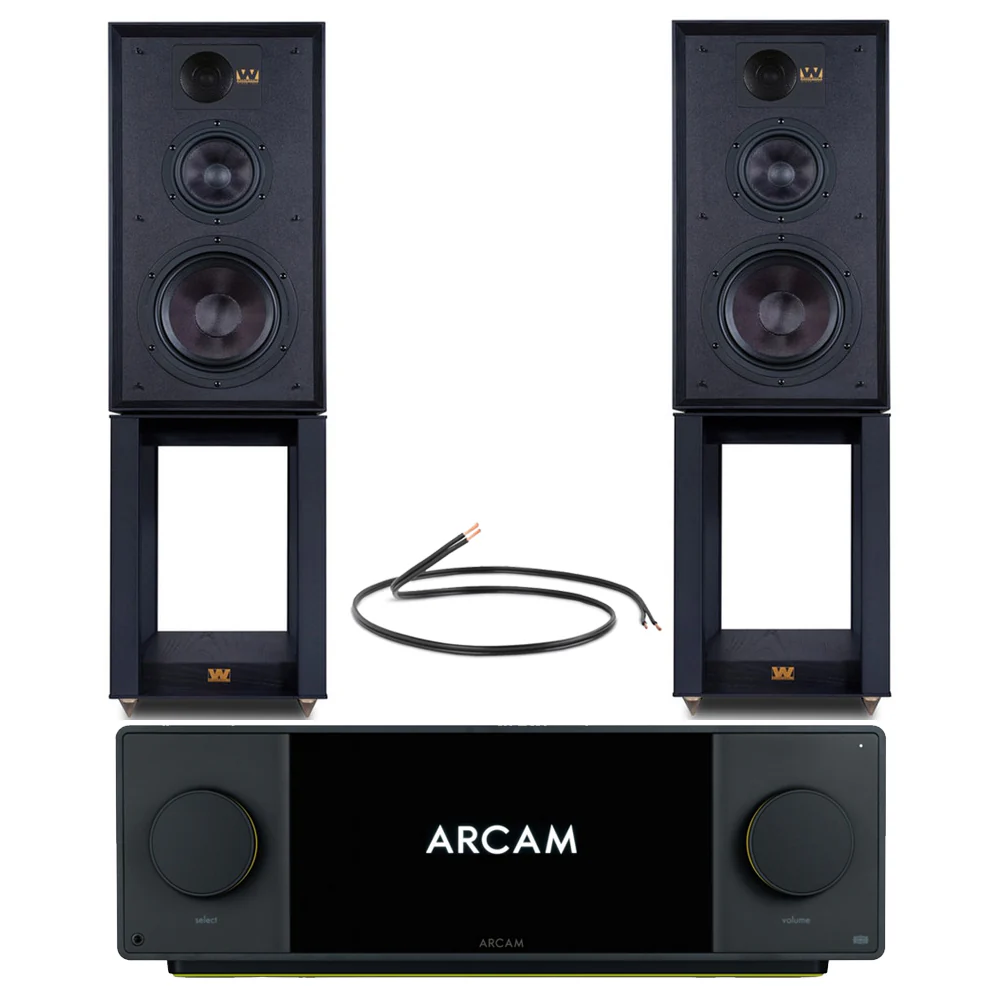 Arcam Radia SA45 Streaming Amplifier with Wharfedale Linton Heritage Standmount Speakers with Matching Stands - Black