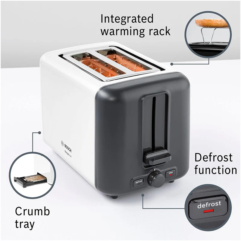 Bosch TAT3P421GB DesignLine 2 Slice Toaster White - Image 2