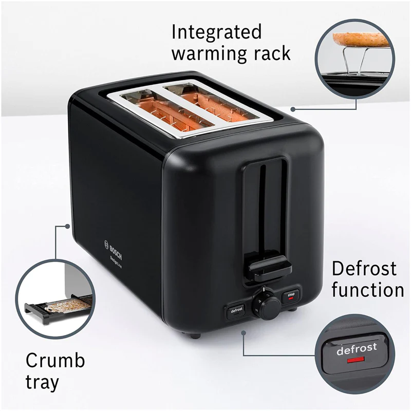 Bosch TAT3P423GB DesignLine 2 Slice Toaster Black - Image 2