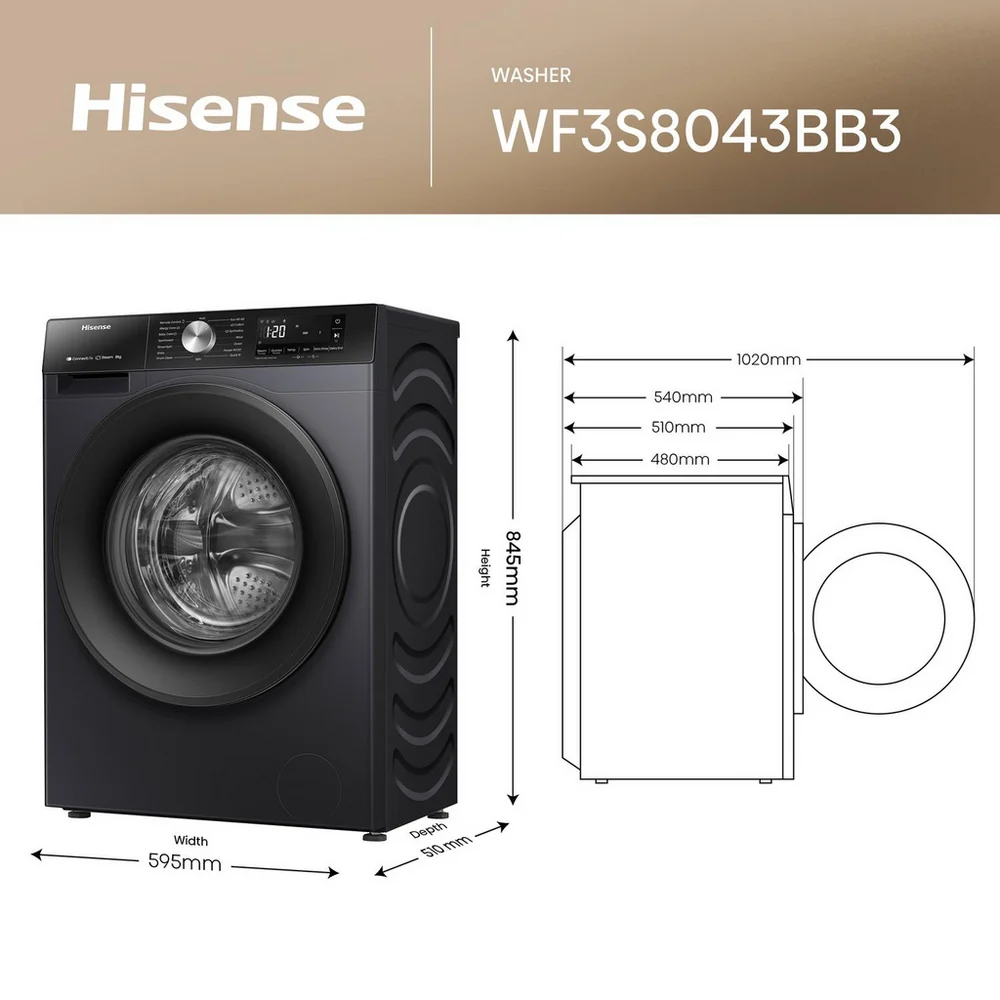 Hisense 3S Series WF3S8043BB3 WiFi-enabled 8kg 1400 Spin Washing Machine Black - A Rated - Image 12