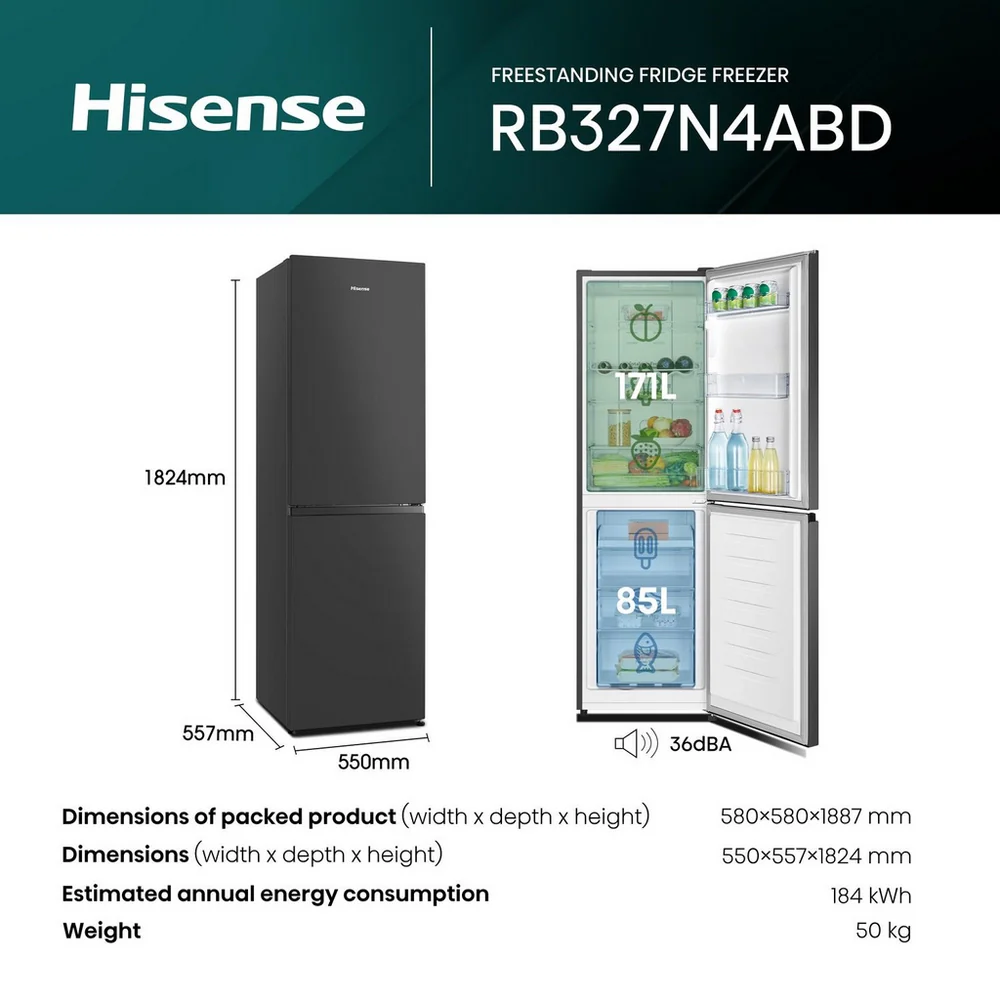 Hisense RB327N4ABD Fridge Freezer Frost Free Freestanding 50/50 182cm Tall 256L - Black - Image 9