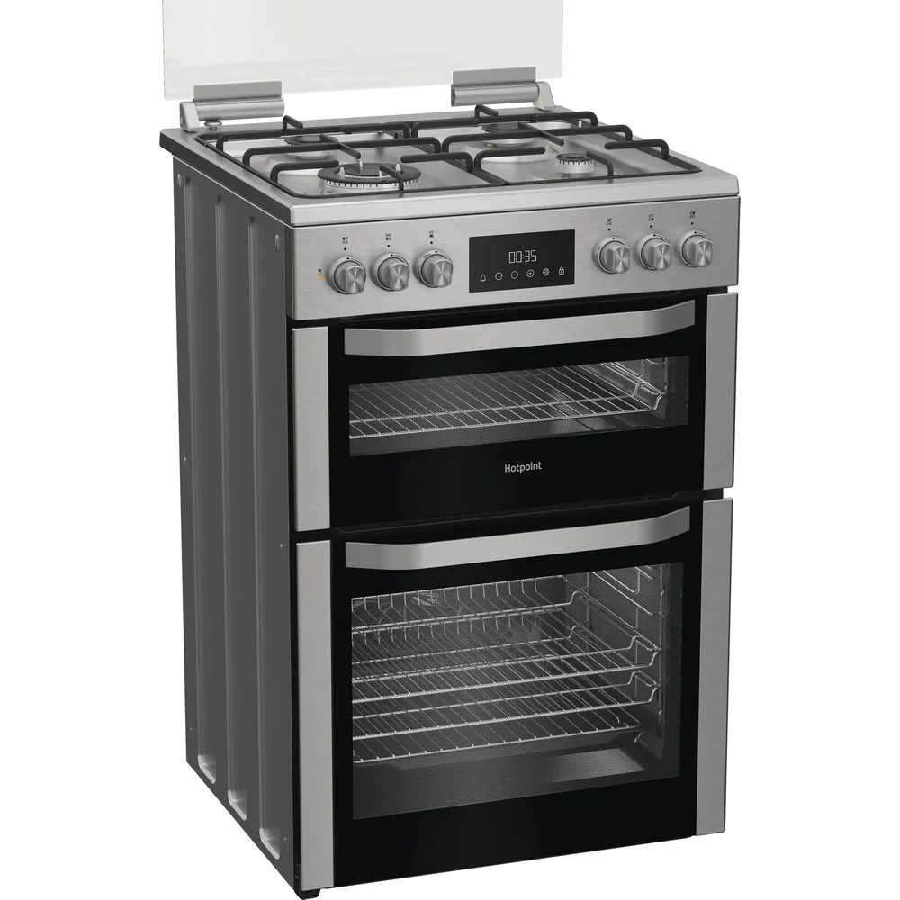 Hotpoint HDD6GDC2WX 60cm Dual Fuel Double Cooker with Glass Lid Stainless Steel