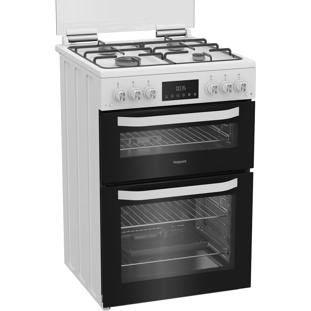 Hotpoint HDG6GDCW 60cm Freestanding Gas Double Cooker with Glass Lid White - Image 2