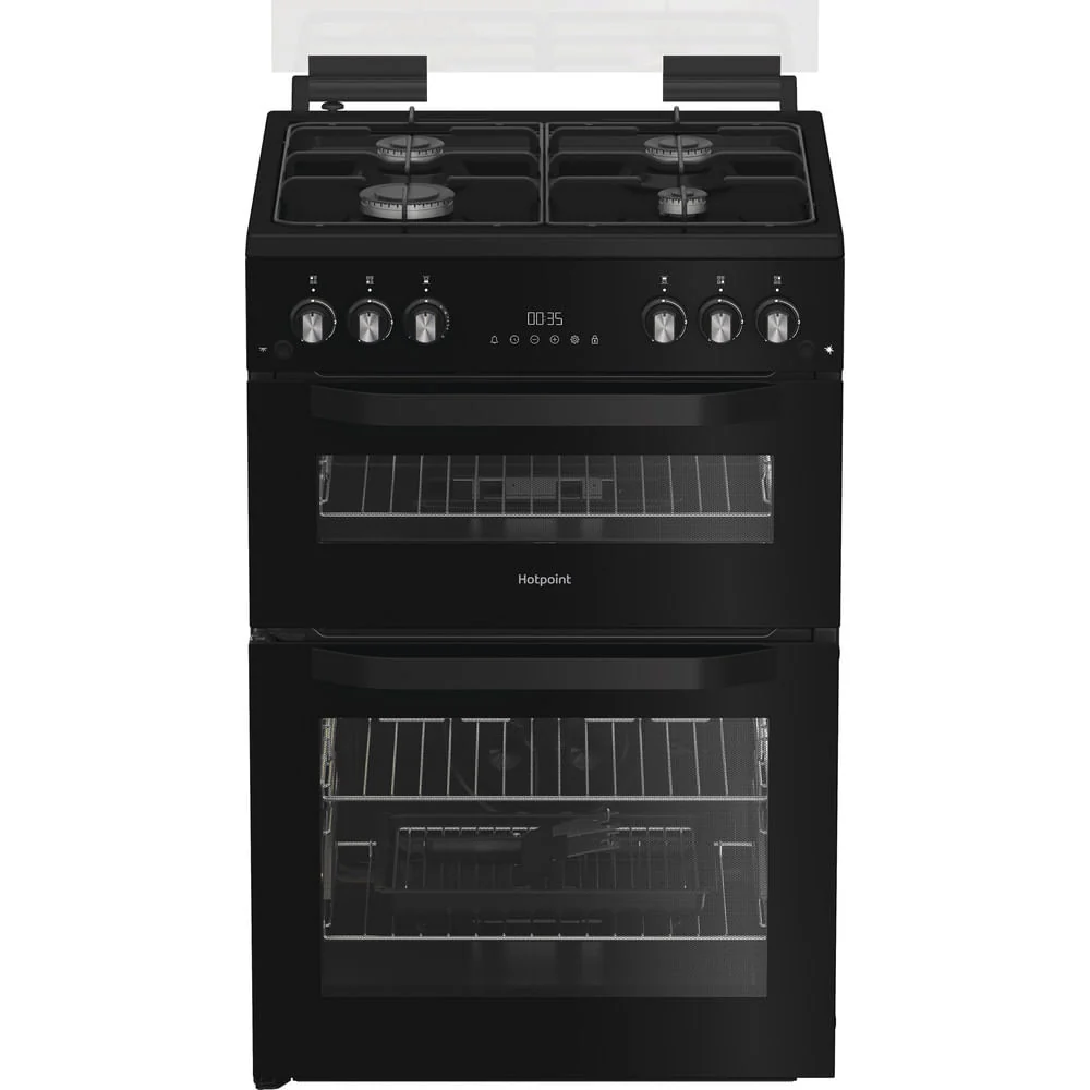 Hotpoint HTG6GDCB1 60cm Gas Twin Cooker with Glass Lid Black