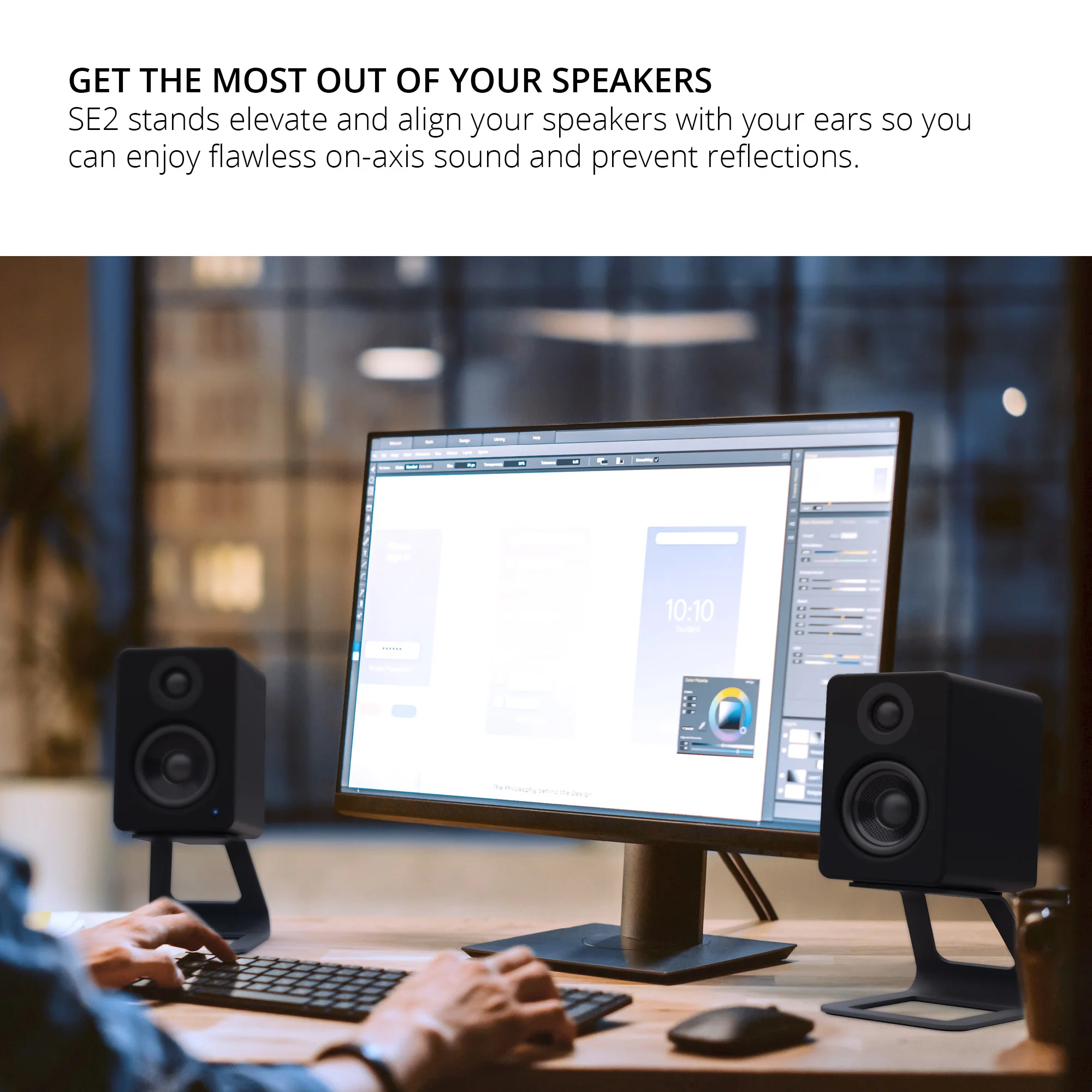 Kanto ORA 100W Powered Reference Desktop Speakers with Bluetooth & SE2 Speaker Stands Package Black - Image 15