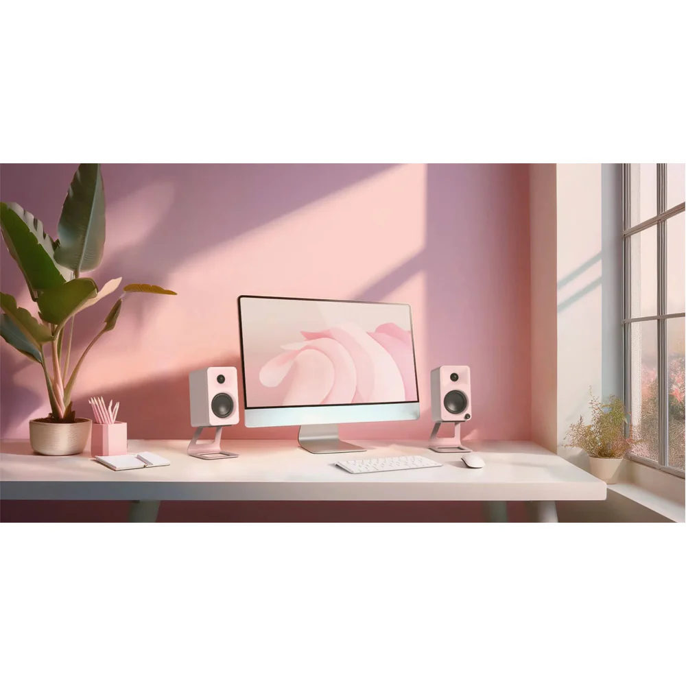 Kanto ORA 100W Powered Reference Desktop Speakers with Bluetooth & SE2 Speaker Stands Package Pink - Image 9