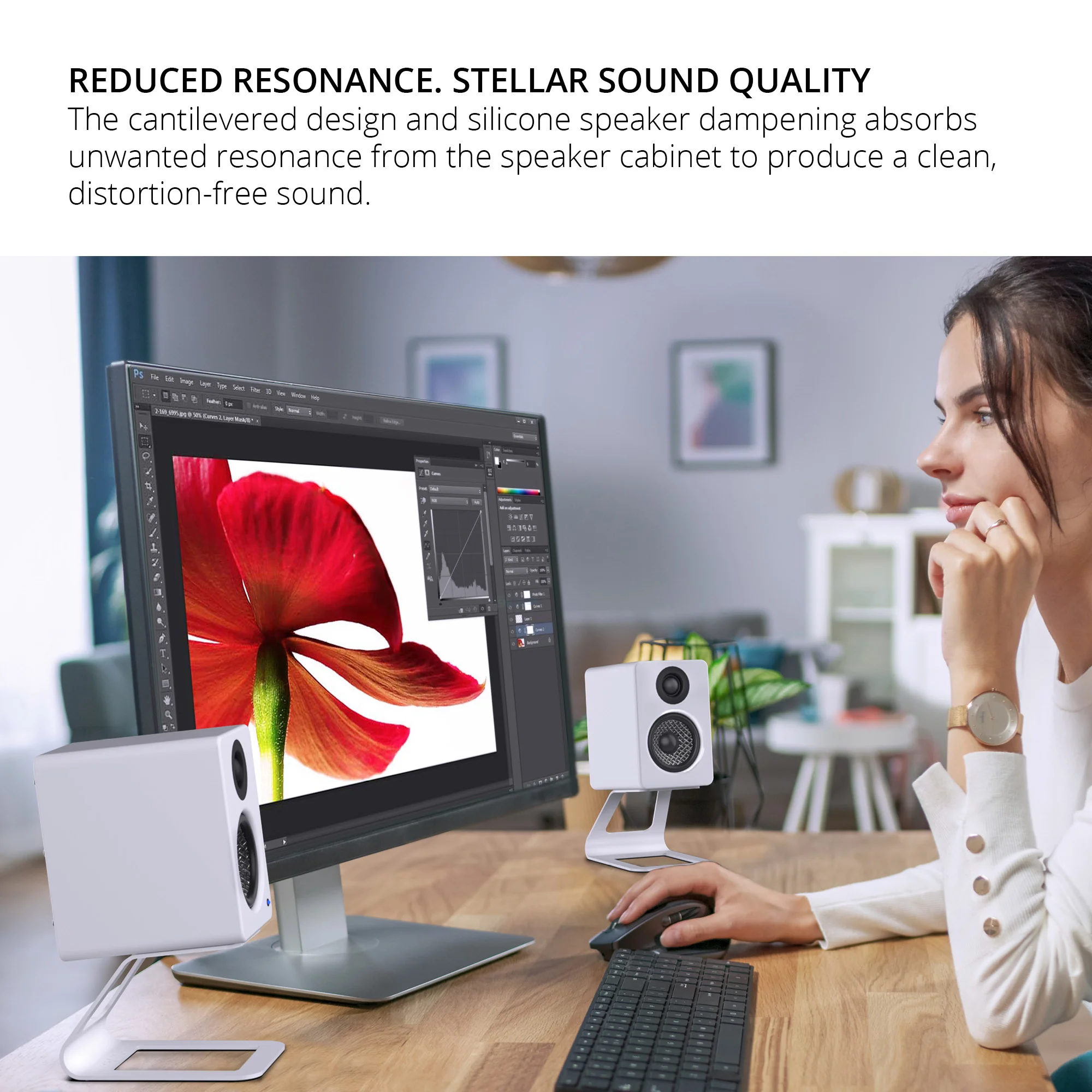 Kanto ORA 100W Powered Reference Desktop Speakers with Bluetooth & SE2 Speaker Stands Package White - Image 12