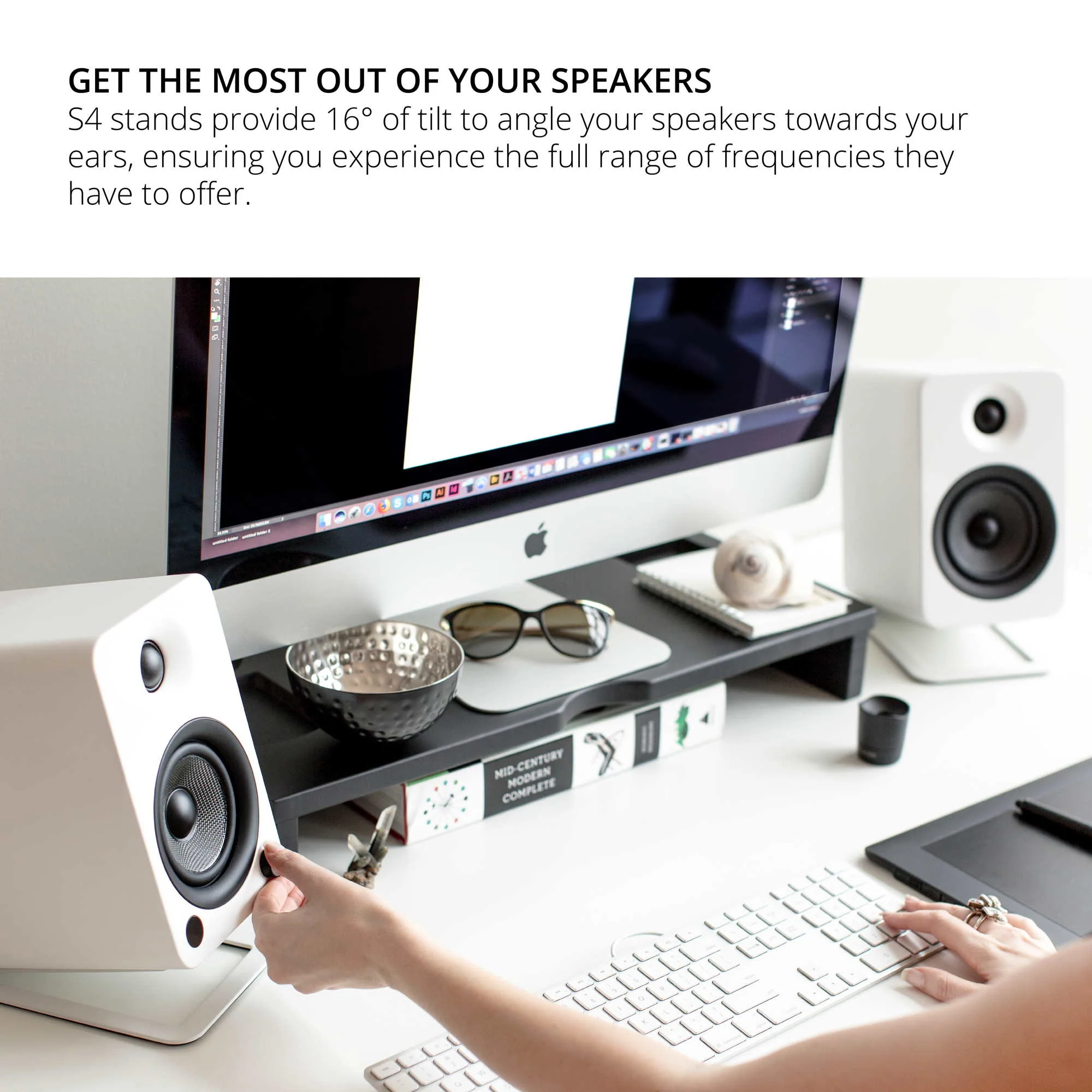 Kanto ORA4 140W Powered Reference Desktop Speakers with Bluetooth & S4 Tilted Speaker Stands White - Image 8