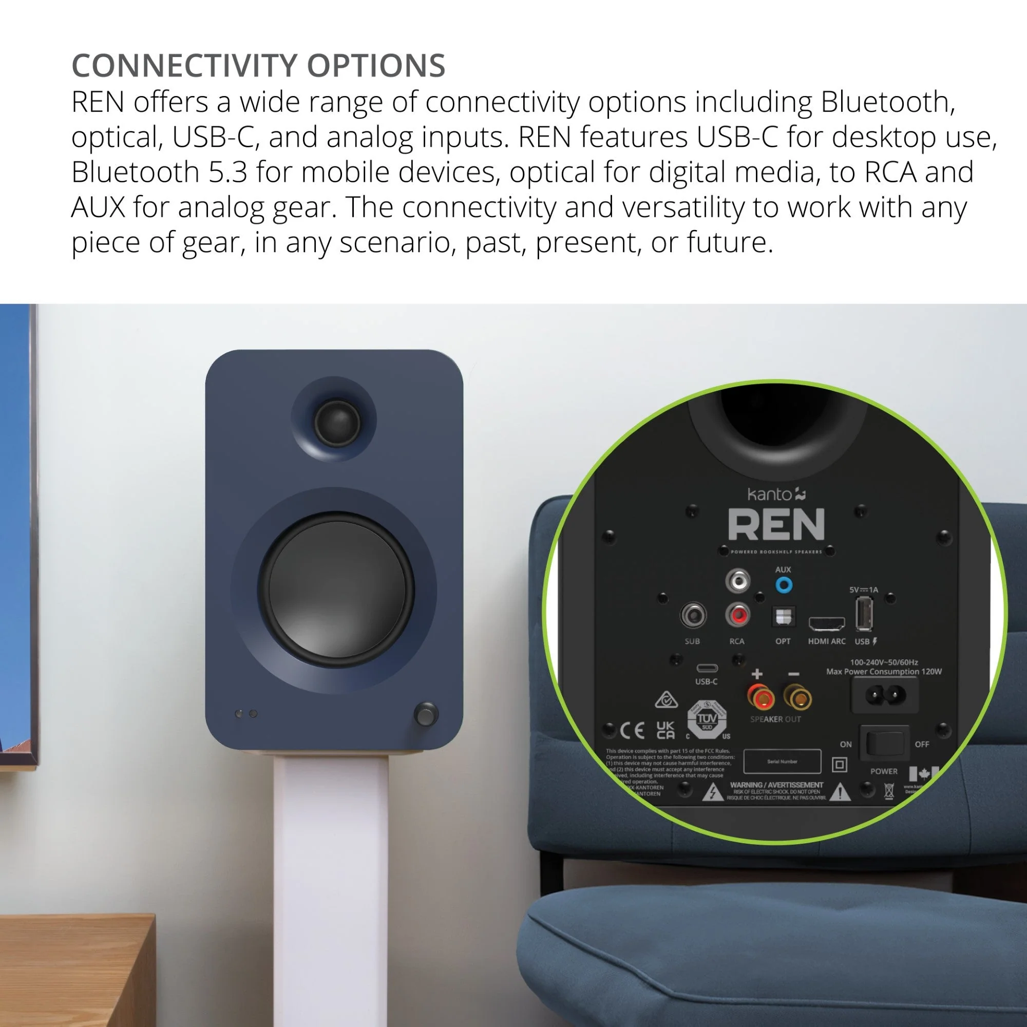 Kanto REN 200W Powered Bookshelf Speakers Pair with HDMI ARC USB-C and Bluetooth 5.3 - Matte Black - Image 9
