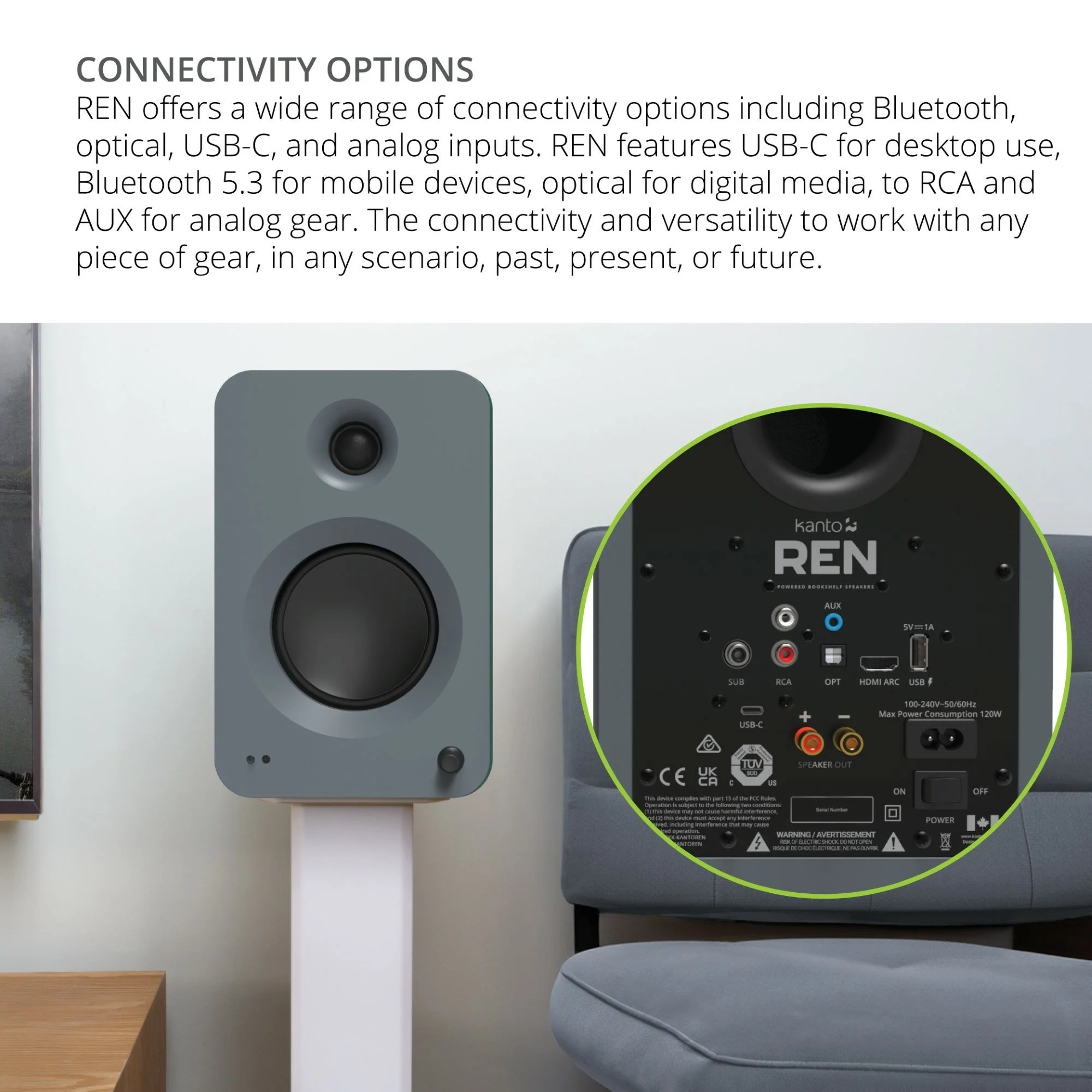 Kanto REN 200W Powered Bookshelf Speakers Pair with HDMI ARC USB-C and Bluetooth 5.3 - Matte Grey - Image 15