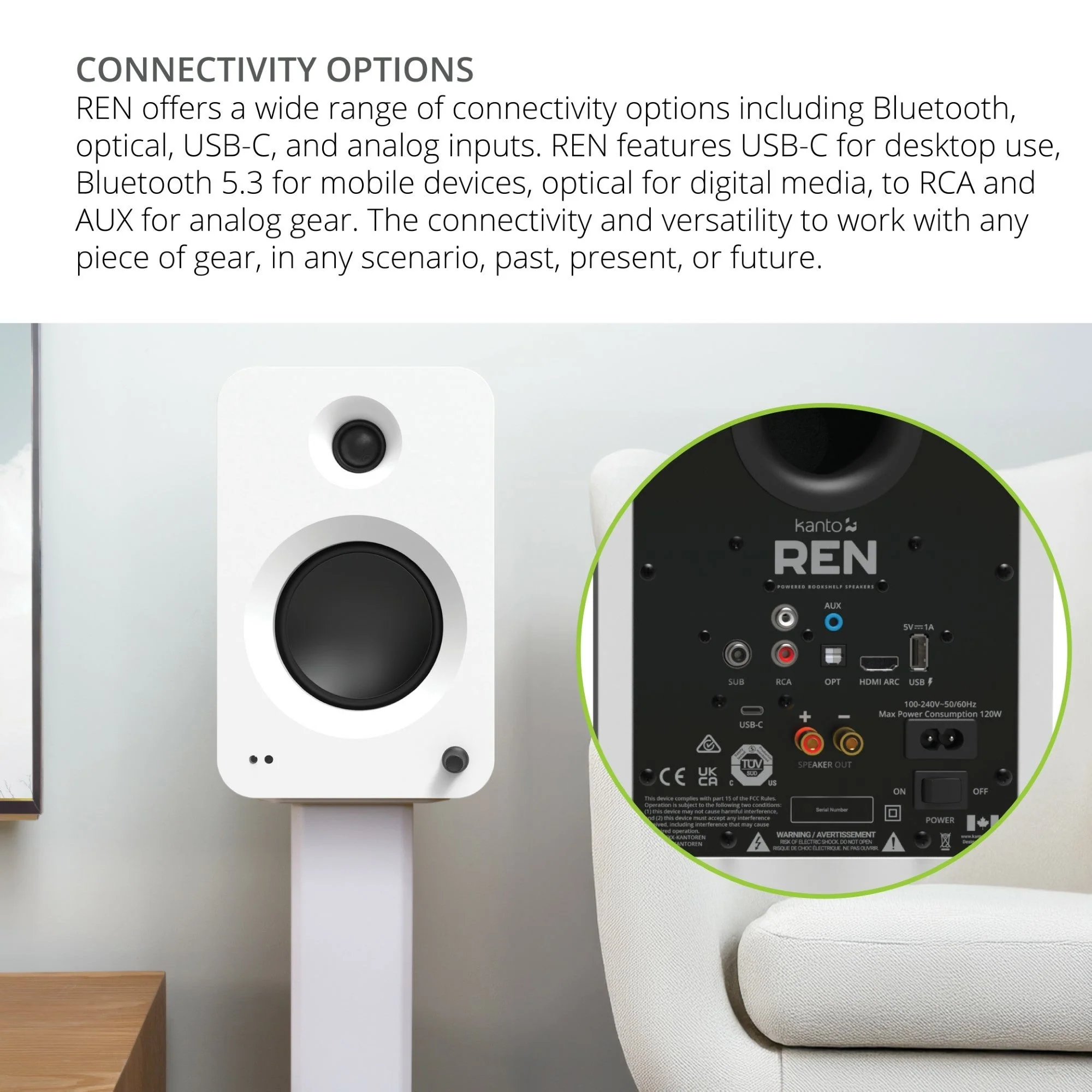 Kanto REN 200W Powered Bookshelf Speakers Pair with HDMI ARC USB-C and Bluetooth 5.3 - Matte White - Image 8