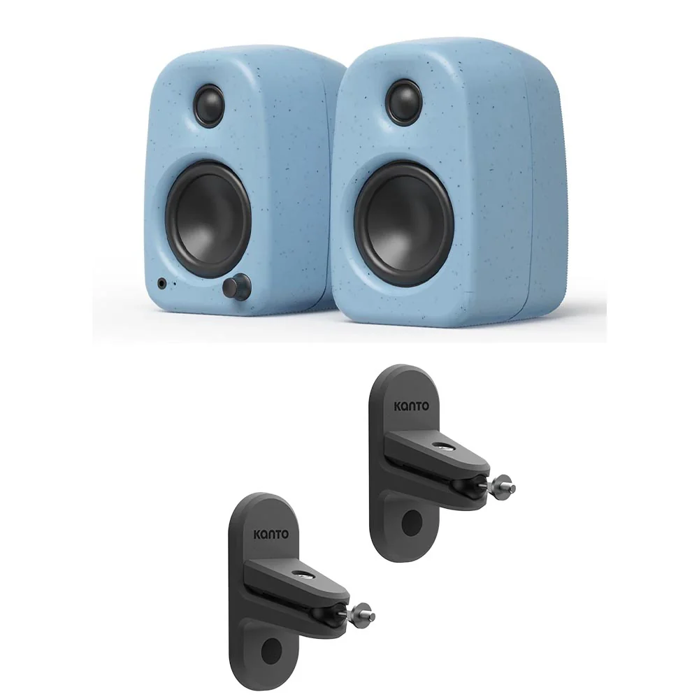 Kanto UKI 100W Bluetooth Desktop Speakers With SPW3 Universal Speaker Wall Mount Blue