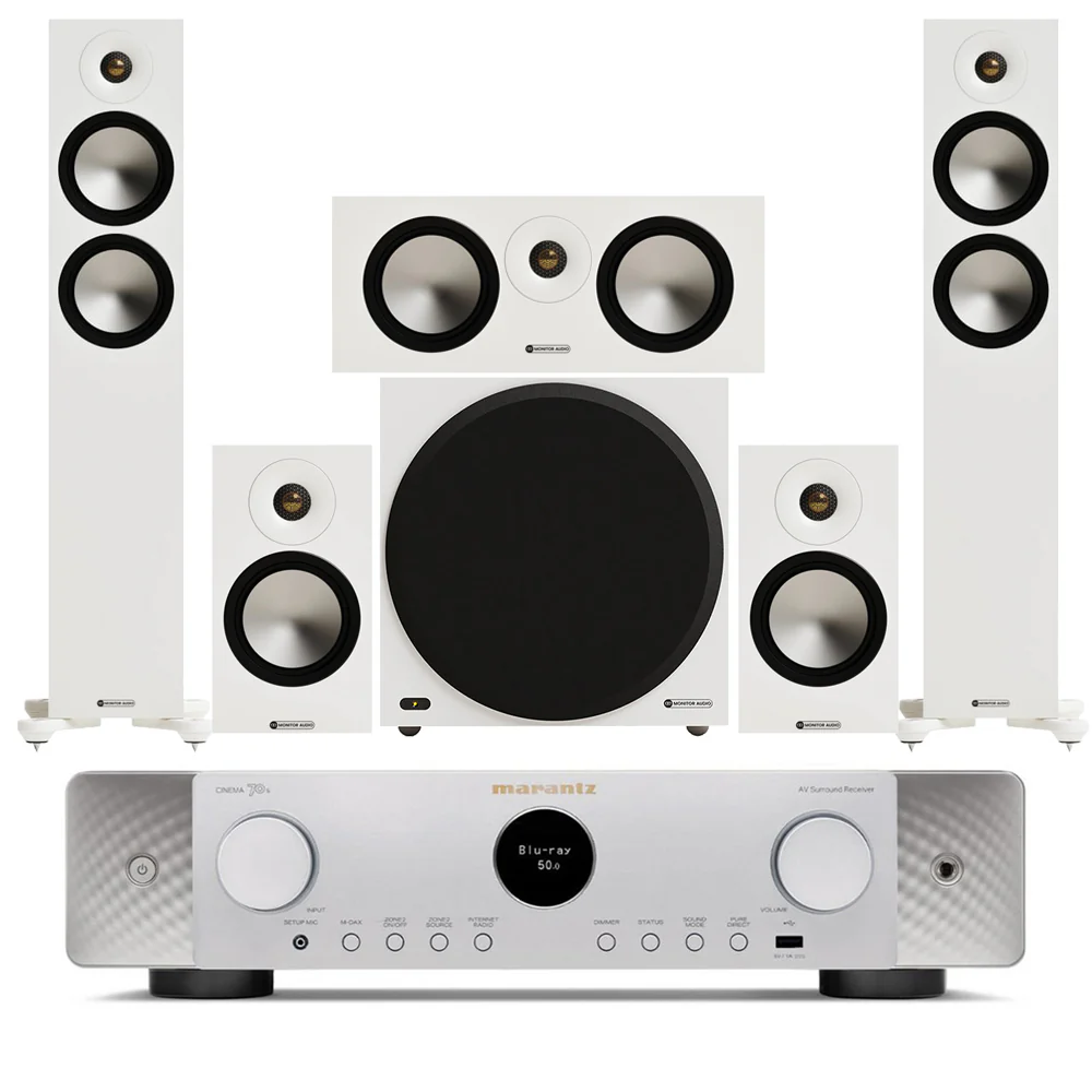 Marantz CINEMA 70s 7.2 Channel AV Receiver Silver with Monitor Audio Bronze 300 7G 5.1 Speaker Package White