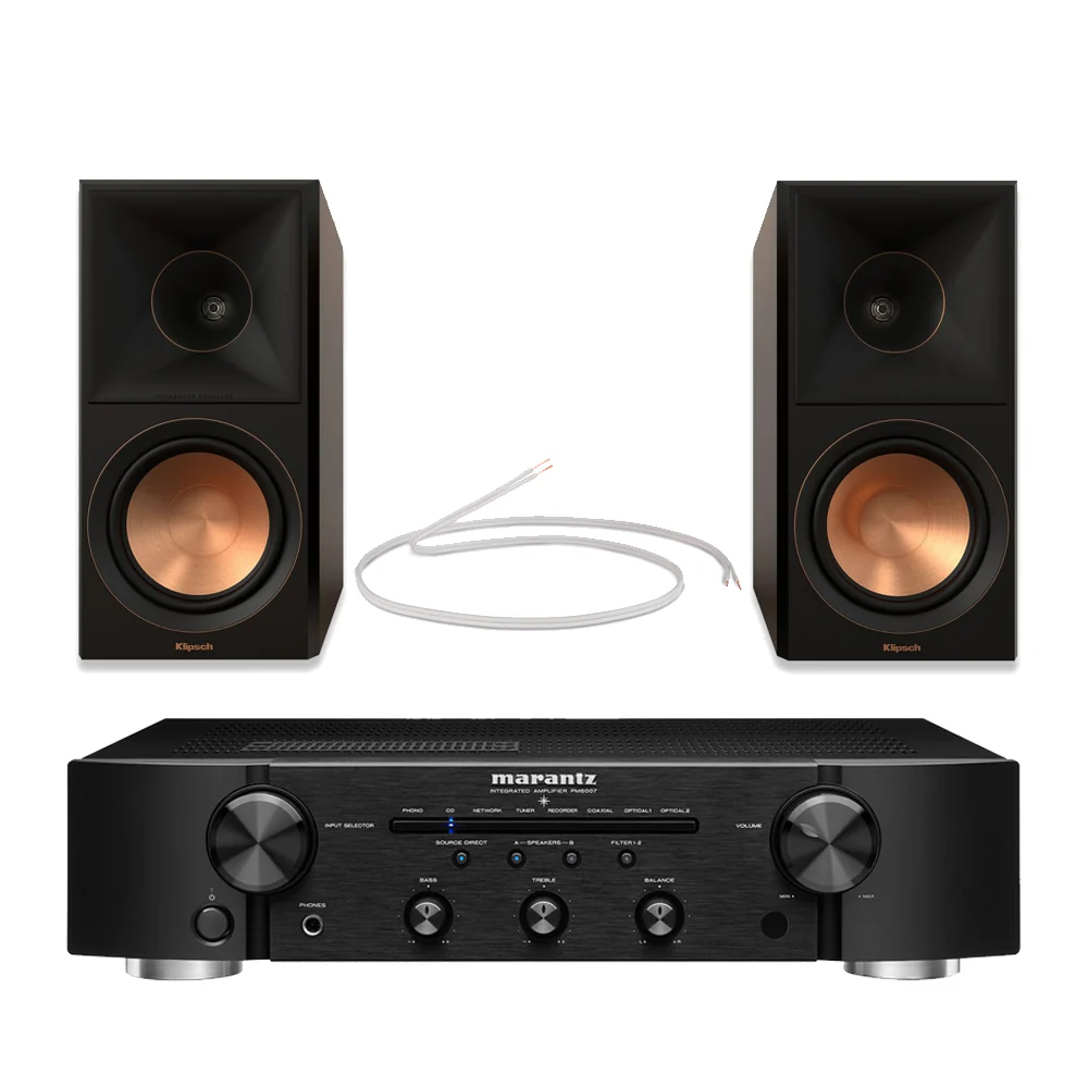Marantz PM6007 Integrated Amplifier Black with Klipsch RP-600M II Bookshelf Speakers Pair Walnut HiFi Package