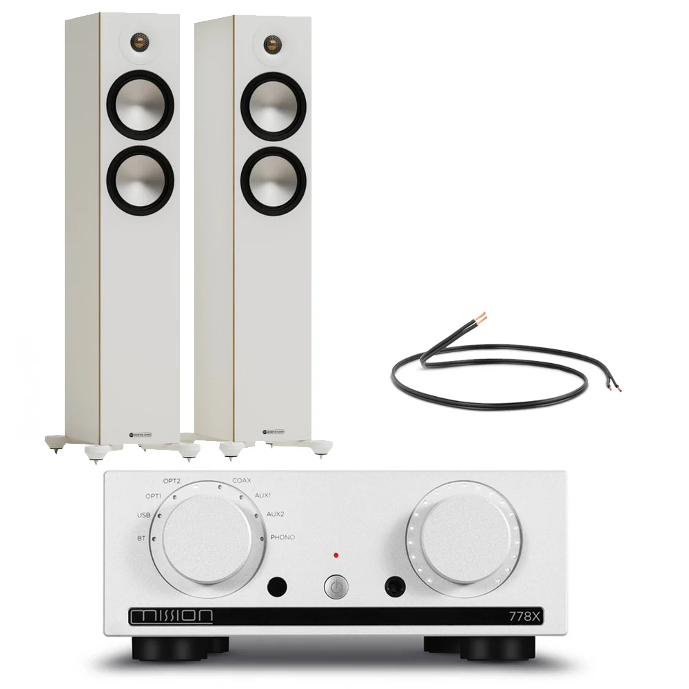 Mission 778X Integrated Amplifier Silver with Monitor Audio Bronze 300 7G Floorstanding Speakers White Pair HiFi Package