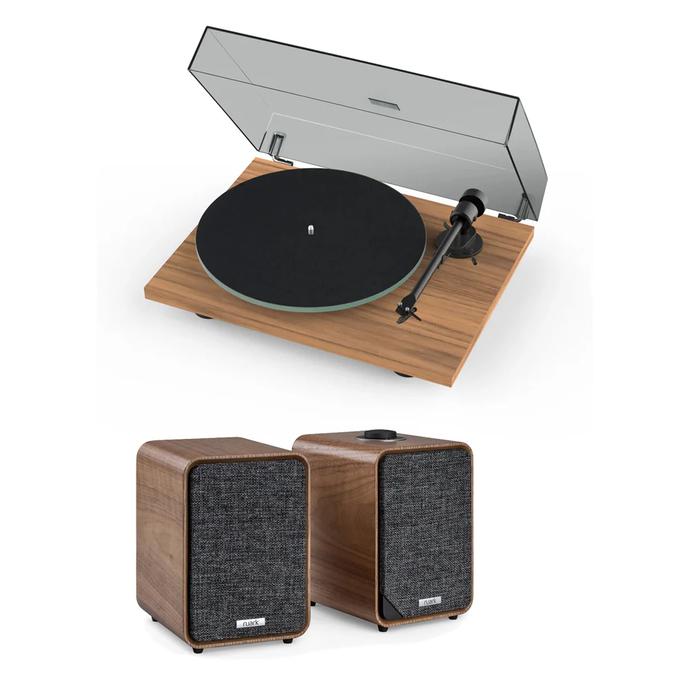Pro-Ject T1 EVO Standard Turntable and Ruark MR1 MK3 Active Bluetooth Speakers with Built-in MM Phono Preamp Walnut