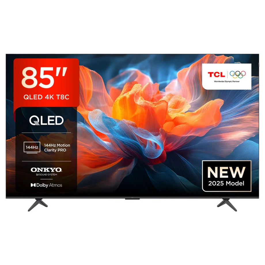 TCL 85T8C-UK 85 Inch T8C 4K QLED Ultra HD HDR Smart Google TV with 144Hz Motion Clarity Pro and Onkyo 2.1 sound