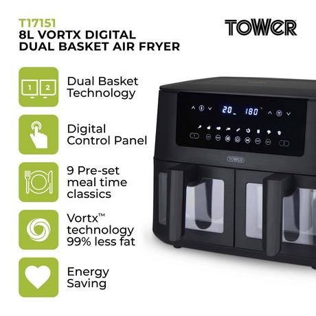 Tower T17151 Vortx Vizion 8L Digital Dual Basket Air Fryer Black - Image 2