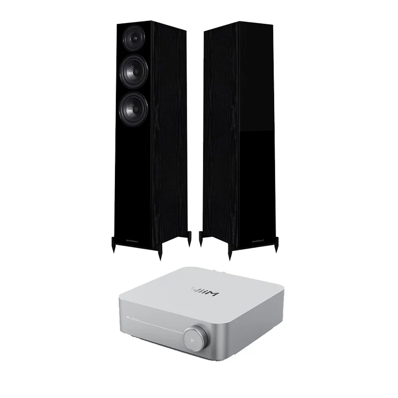 Wiim Amp Silver with Wharfedale Diamond 12.3 Floorstanding Speakers Pair Package Black