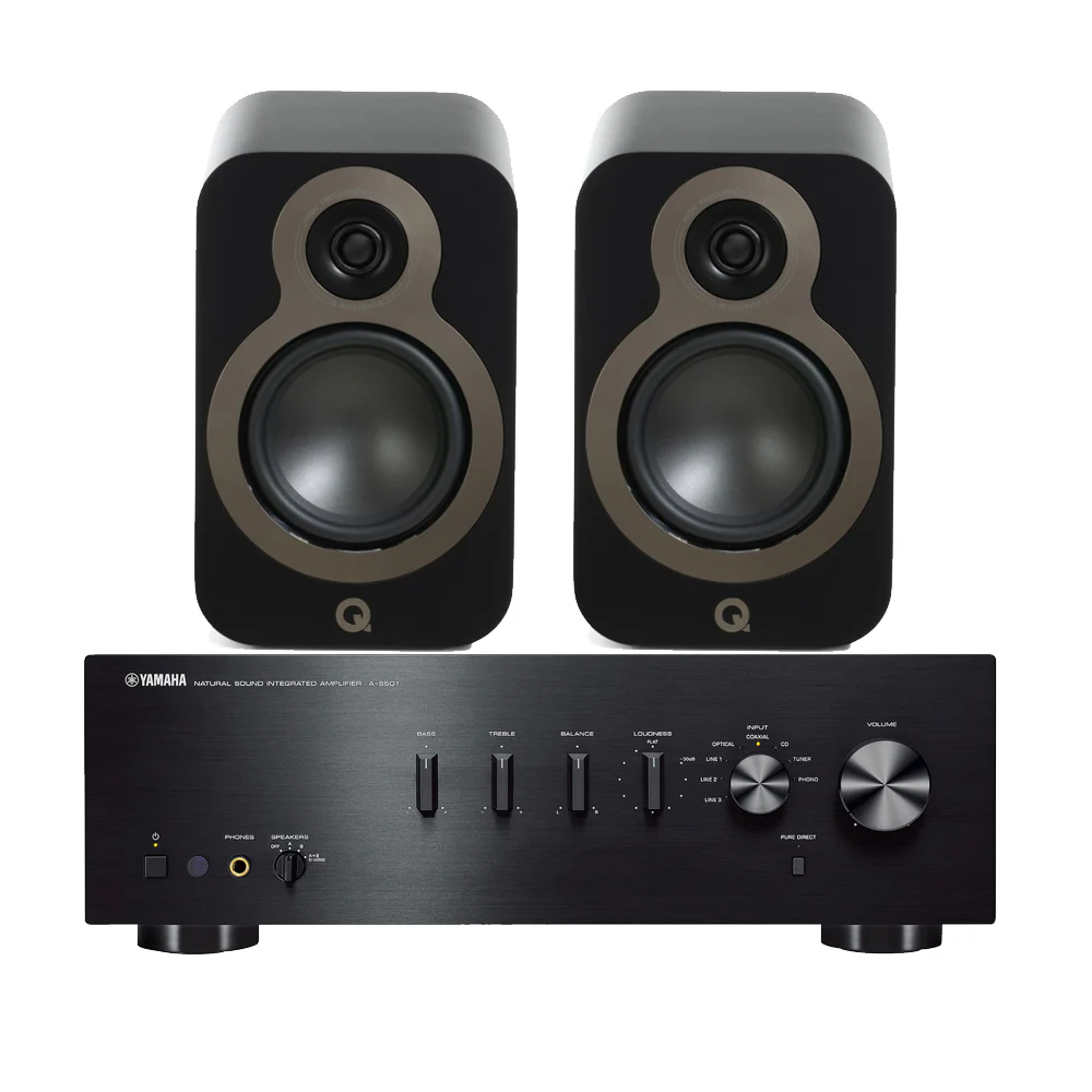 Yamaha AS501 Integrated Stereo Amplifier with Q Acoustics 3020C Bookshelf Speakers Pair Black HiFi Package